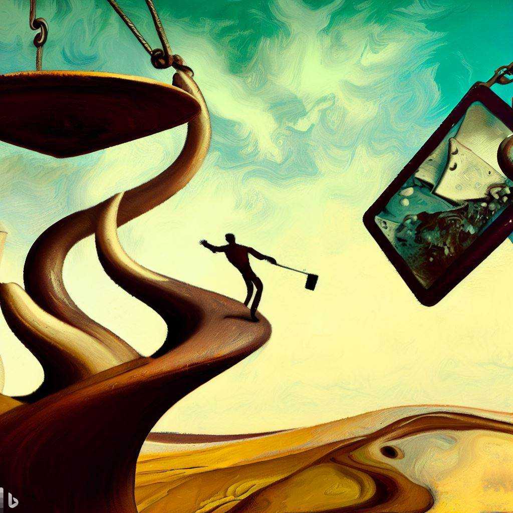 Risk and reward of technology, in the style of Salvador Dali