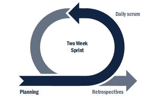 Sprint cycle with planning, daily scrums and retrospectives